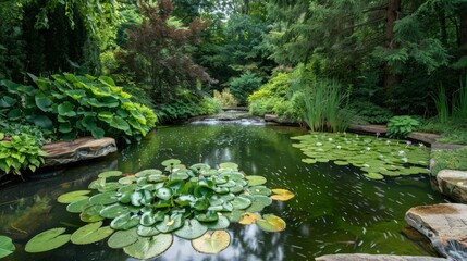 Serene pond with lily pads and surrounding greenery, a hidden gem in the heart of a lush garden