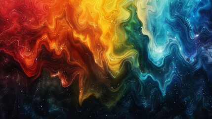 Psychedelic rainbow, orange, blue, teal, and white grainy gradient color flow wave on black...