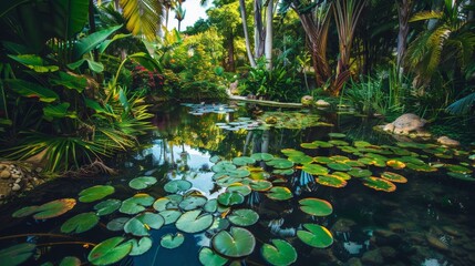 Serene pond with lily pads and surrounding greenery, a hidden gem in the heart of a lush garden