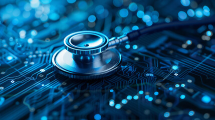 Stethoscope and digital medical technology background, blue color theme. Digital health concept with stethoscope