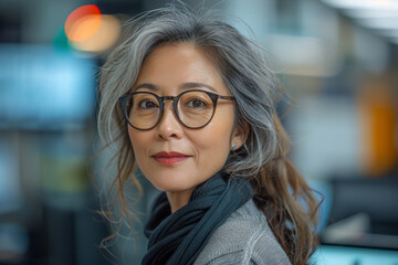 A confident Japanese businesswoman, with a mature and elegant demeanor, exudes executive presence outdoors.