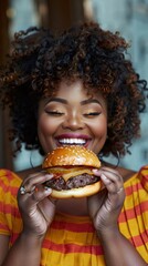 plus size black woman with burger at summer	