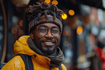 Fototapeta premium The positive African man laughs as he walks the autumn city streets with confidence.