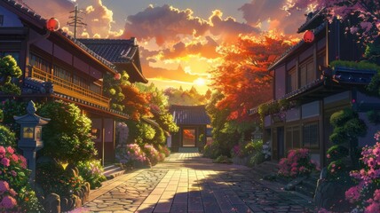 An afternoon village scene in a Japanese animated movie.