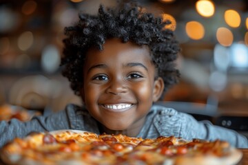 An adorable African boy enjoys a delicious slice of pizza in a bustling restaurant.