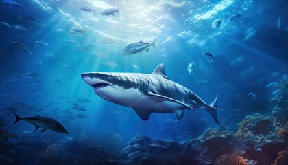 Fototapeta premium The great White Shark in the ocean, portrait of White shark hunting prey in the underwater