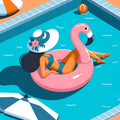 Summer flat-style illustration with woman swimming on inflatable flamingo-shaped ring in the pool.