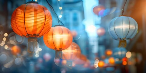 Chinatown in San Francisco with Pastel-Colored Chinese Lanterns. Concept Chinatown, San Francisco,...