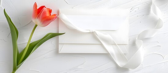 Pink tulip with a white ribbon on an envelope against a light gray background. Minimalistic flat lay composition with copy space. Spring and greeting concept for design and print
