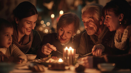Four generations of family members gathered around a dining table, their faces aglow with candlelight as they share a festive holiday meal. Dynamic and dramatic composition, with c