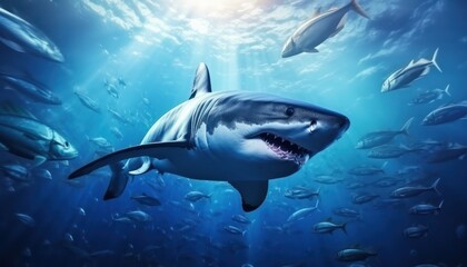 Naklejka premium The great White Shark in the ocean, portrait of White shark hunting prey in the underwater