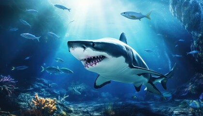 Fototapeta premium The great White Shark in the ocean, portrait of White shark hunting prey in the underwater