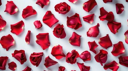 A top down view presents red rose petals contrasting against a white backdrop