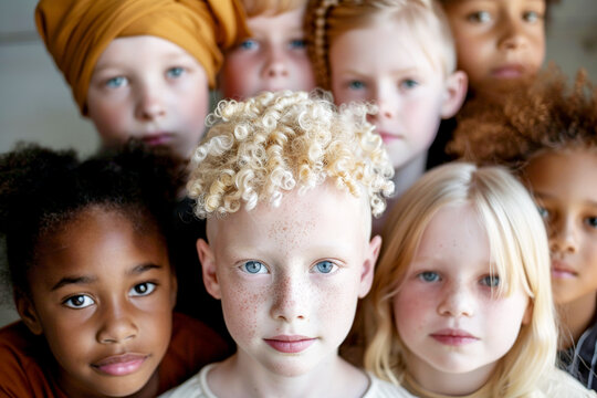 A group photo of children of diverse skin types and a young individual with albinism, June 13th, International Albinism Awareness Day.