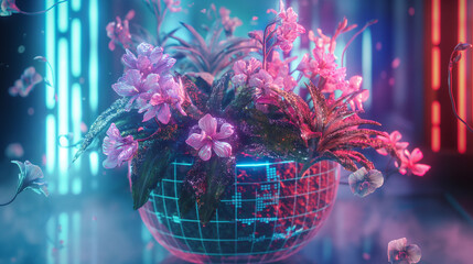 Futuristic Digital World with Neon Floral Elements