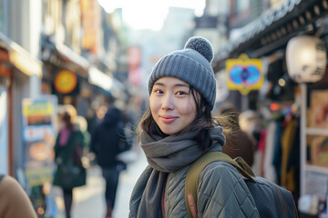 Fototapeta premium Seoul. A woman in outerwear and a stole is strolling through a city street. Womens Equality Day