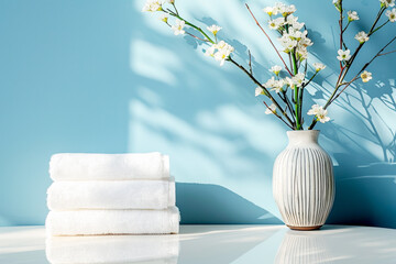 A minimalist bathroom setup featuring organic bamboo fiber washcloths neatly stacked on a serene blue background,