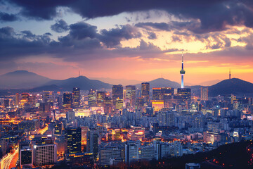 Naklejka premium Seoul. City at dusk with mountains in background under a colorful sky. Generative AI