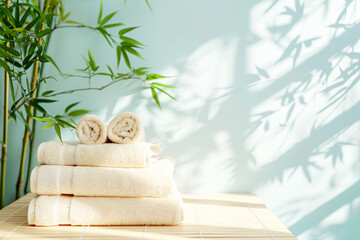 A minimalist bathroom setup featuring organic bamboo fiber washcloths neatly stacked on a serene blue background, - Powered by Adobe