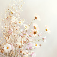 A soft background in pastel shades, featuring a delicate bouquet of wildflowers at the bottom corner with copy space.
