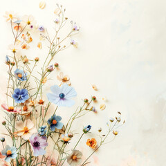 A soft background in pastel shades, featuring a delicate bouquet of wildflowers at the bottom corner with copy space.