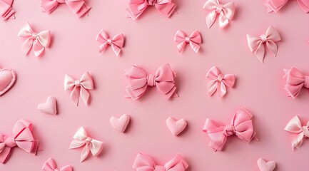 Assorted pink bows and hearts on a pastel pink background. Flat lay composition. Valentine's Day and love concept for design and print., pink background