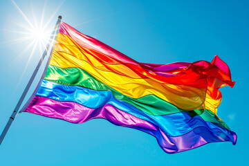 Close-up shot of a vibrant rainbow flag fluttering in the wind against a clear blue sky, symbolizing LGBTQ pride