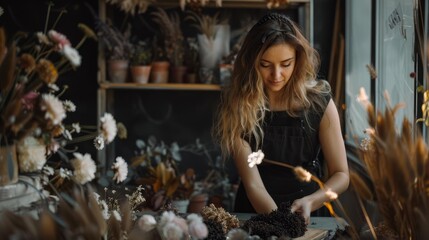 female florist entrepreneur arranging black bouquet of dry flowers small business concept photo - Powered by Adobe