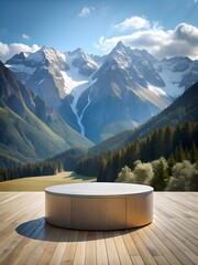 A low circular podium against a backdrop of mountains 