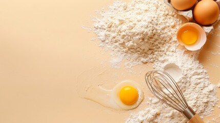 Cooking background, table, flour, eggs, dessert, baking, place for text, banner
