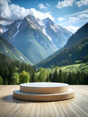 A low circular podium against a backdrop of mountains 