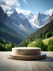 A low circular podium against a backdrop of mountains 