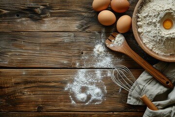 Cooking background, table, flour, eggs, dessert, baking, place for text, banner