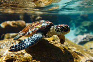 Obraz premium Turtle, Underwater wildlife panorama Coral reef with wild sea turtles , AI generated
