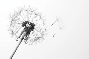 White Background. Black and white photo of a dandelion blowing in the wind. Sympathy card. Generative AI