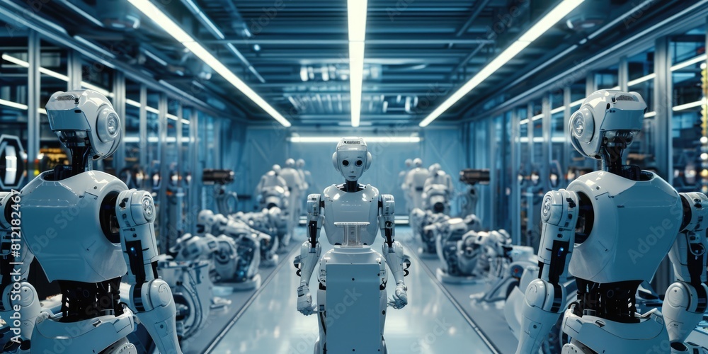 Aufkleber a high-tech robotics lab, engineers working on advanced ai machines, showcasing innovation and futur