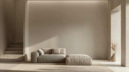 Modern sofa in light beige tones against a beige wall and sunlight coming in reflecting on the wall