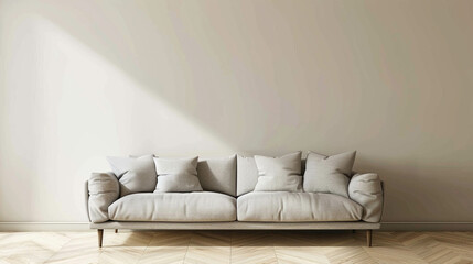 Modern sofa in light beige tones against a beige wall and sunlight coming in reflecting on the wall