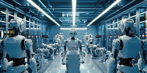 A high-tech robotics lab, engineers working on advanced AI machines, showcasing innovation and futuristic technology. Resplendent.