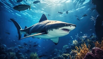 Naklejka premium The great White Shark in the ocean, portrait of White shark hunting prey in the underwater