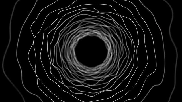 Abstract hypnotic tunnel made of white stripes on a black background. Seamless loop 4k.