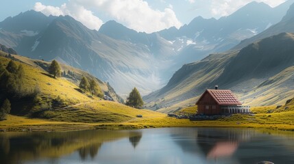 Norwegian wooden summer house (Hytte) with terrace overlooking scenic lake at sunset, Telemark, Norway, Scandinavia