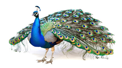 Obraz premium A bright peacock fluffs its feathers, isolated on white background