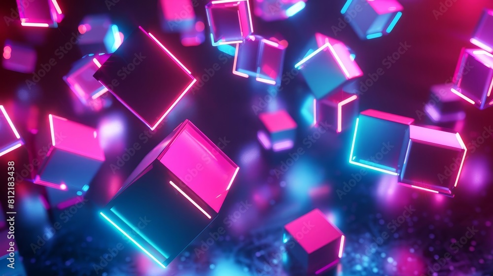 Poster futuristic abstract 3d render of floating neon cubes in dark space digital art