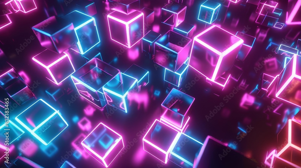 Poster futuristic abstract 3d render of floating neon cubes in dark space digital art