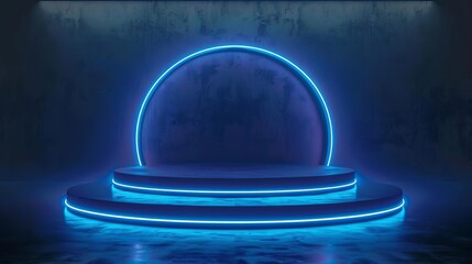 futuristic 3d neon blue podium stage with glowing lights on dark background 3d rendering