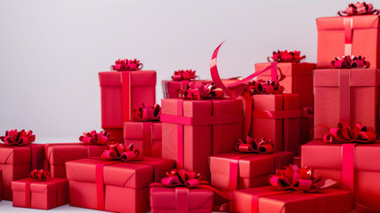 Many beautiful presents in red,Great holiday gift in a red box. Place for text,lots of red gift boxes