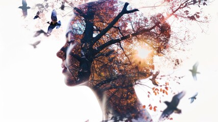 Obraz premium The closeup double exposure picture between young adult beautiful female caucasian human and bright beautiful nature in the morning or evening that the picture stand for peaceful of the life. AIGX01.