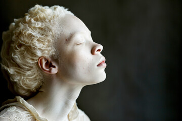 portrait of an albino woman of model appearance, genetic feature, pure snow-white skin, dark background