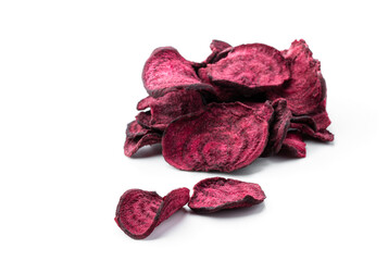 Dried beetroot chips isolated on white background